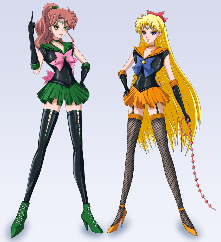 aino_minako ankle_boots bishoujo_senshi_sailor_moon bishoujo_senshi_sailor_moon_crystal black_legwear blonde_hair blue_eyes boots brown_hair choker corruption dark_persona earrings elbow_gloves eyeshadow gloves green_choker green_eyes green_footwear green_sailor_collar high_heels highres inner_senshi jewelry kino_makoto kiryu_(pixiv1983506) lipstick long_hair magical_girl makeup middle_finger multiple_girls orange_choker orange_sailor_collar sailor_collar sailor_jupiter sailor_senshi sailor_senshi_uniform sailor_venus short_hair skirt thighhighs tiara very_long_hair weapon zettai_ryouiki