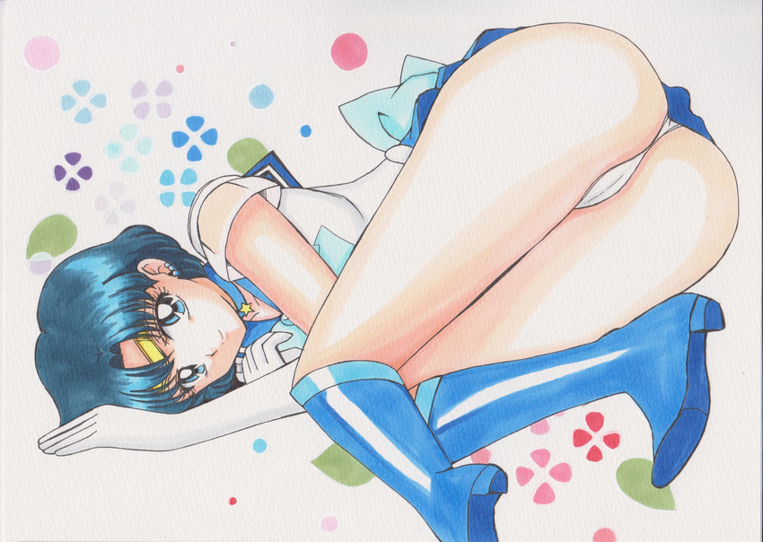 1girl arm ass bare_legs bishoujo_senshi_sailor_moon blue_eyes blue_hair blue_skirt boots breasts choker earrings elbow_gloves female gloves highres jewelry knees_together_feet_apart legs looking_at_viewer lying magical_girl mizuno_ami necklace on_side panties rascal_(n119) sailor_mercury school_uniform serafuku shiny shiny_clothes shiny_skin short_hair simple_background skirt smile solo super_sailor_mercury tiara top-down_bottom-up underwear upskirt white_gloves