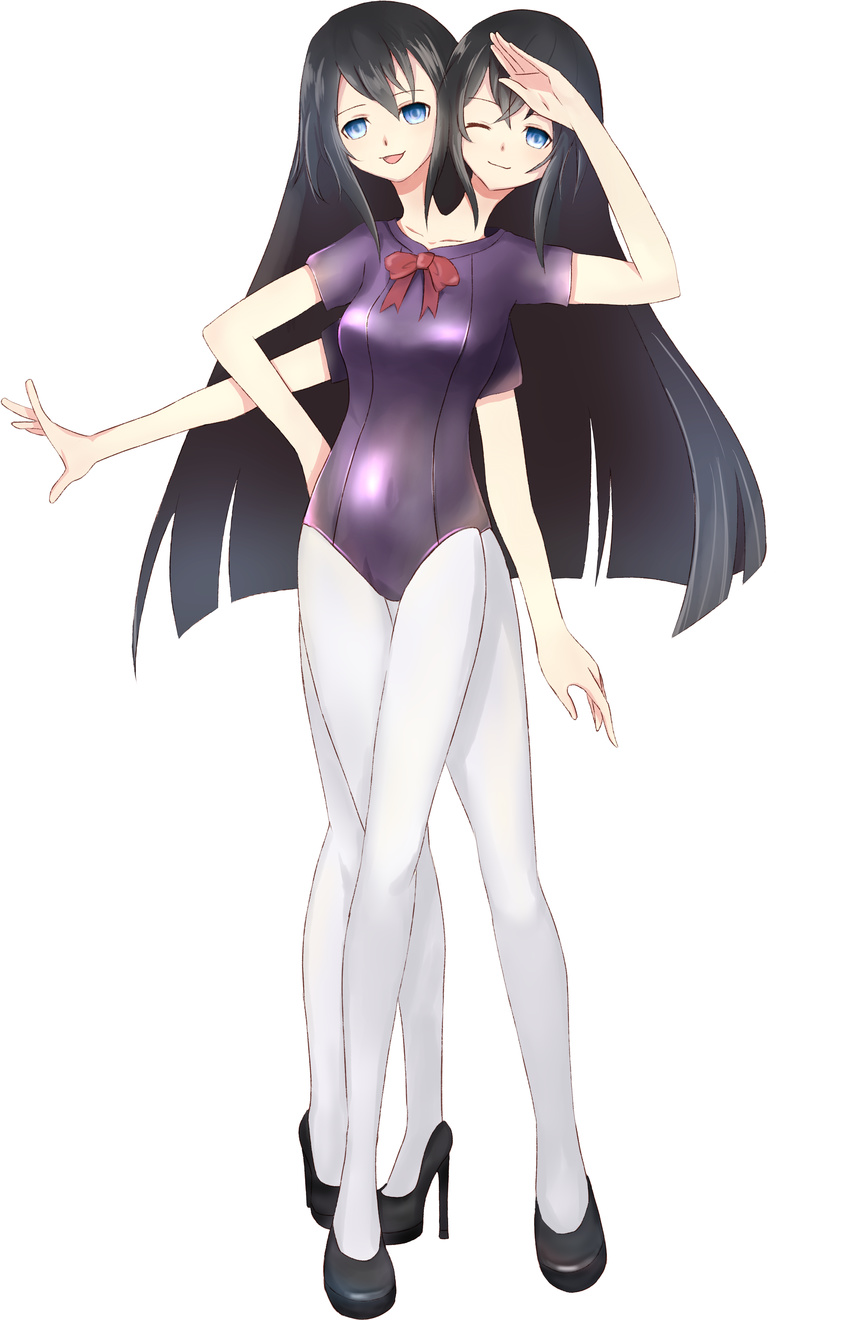black_hair blue_eyes conjoined high_heels highres leotard long_hair multiple_arms multiple_heads multiple_legs multiple_limbs one_eye_closed open_mouth pantyhose ribbon salute simple_background smile white_legwear wink