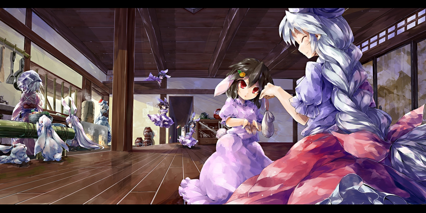 animal_ears bamboo blue_dress blue_hair bow bowl braid brown_hair bunny bunny_ears bunny_tail carrot closed_eyes commentary_request drawing dress ears_down floating food frilled_dress frills from_behind glass hair_bow hair_ornament hallway hat head_scarf height_difference holding inaba inaba_tewi japanese_clothes kamishirasawa_keine kimono kitchen kneeling letterboxed long_hair looking_at_another looking_down looking_to_the_side multicolored multicolored_clothes multicolored_dress multiple_girls murachiki mystia_lorelei obi okamisty open_hands pink_dress pot puffy_short_sleeves puffy_sleeves purple_hair red_dress red_eyes reisen_udongein_inaba running sash shadow short_hair short_sleeves silver_hair single_braid sink smile smoke steam stove sunlight tail touhou vegetable very_long_hair wooden_floor yagokoro_eirin