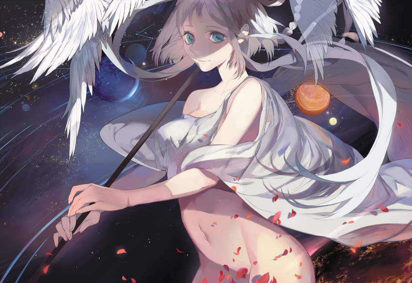 blue_eyes breasts covered_nipples dj.adonis highres large_breasts light_smile looking_at_viewer luo_tianyi navel no_bra no_panties petals planet short_hair short_hair_with_long_locks solo vocaloid vocanese white_hair wings