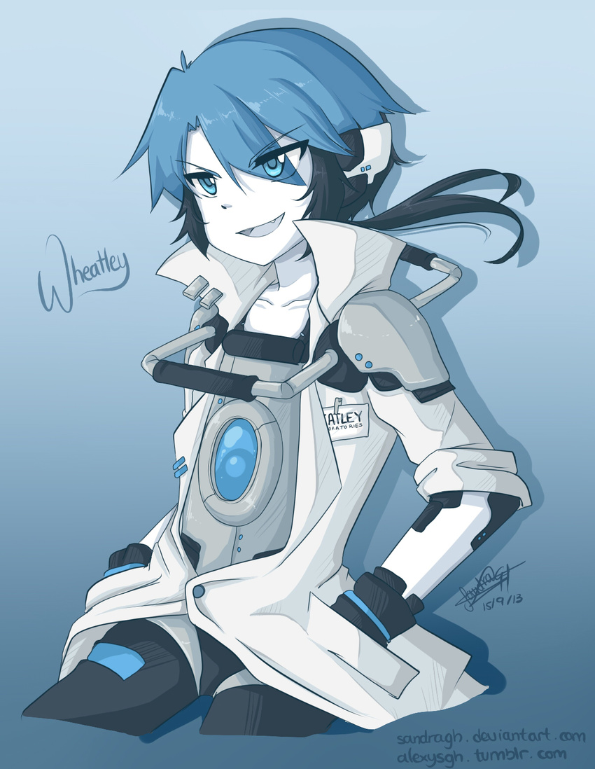 :d black_hair blue_eyes blue_hair cyborg eyes_visible_through_hair fang highres labcoat male_focus multicolored_hair open_mouth personification portal portal_(series) portal_2 sandragh signature smile solo two-tone_hair v-shaped_eyebrows wheatley