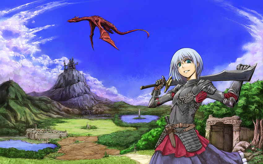 armor blue_eyes castle cervus cloud dagger day defensive_wall dragon field flying gate gauntlets hill lake original silver_hair skirt sky solo sword town wall weapon