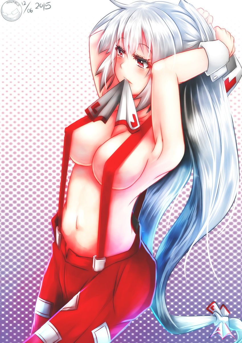 adjusting_hair alternate_hair_color arkfield artist_name blue_hair breasts dated fujiwara_no_mokou gradient gradient_background gradient_hair highres hips large_breasts long_hair mouth_hold multicolored_hair naked_suspenders navel no_shirt polka_dot polka_dot_background red_eyes signature silver_hair solo suspenders touhou tying_hair very_long_hair white_background wrist_cuffs