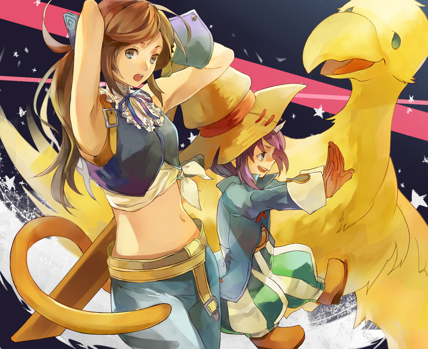 alternate_costume armpits arms_behind_head arms_up baggy_pants blue_eyes brown_hair chocobo cosplay crossdressing eiko_carol final_fantasy final_fantasy_ix garnet_til_alexandros_xvii gloves hat horn long_hair looking_at_viewer midriff multiple_girls navel neck_ribbon pants purple_hair ribbon scabbard sheath shirt short_hair smile tail tamu_(tamurarucaffe1226) tied_shirt vivi_ornitier vivi_ornitier_(cosplay) witch_hat wrist_cuffs zidane_tribal zidane_tribal_(cosplay)