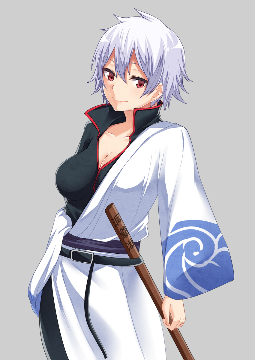 absurdres bad_id bad_pixiv_id breasts cleavage genderswap genderswap_(mtf) gintama hadanugi_dousa highres jaku_denpa japanese_clothes kimono large_breasts long_sleeves looking_at_viewer no_bra red_eyes sakata_ginko sakata_gintoki short_hair short_sleeves silver_hair smile solo