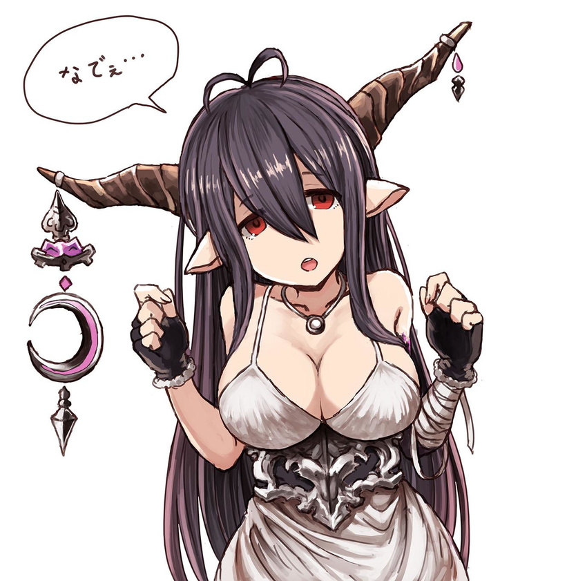 ahoge bandages black_gloves black_hair breasts cleavage clenched_hands danua draph dress fingerless_gloves gloves granblue_fantasy highres horn_ornament horns jewelry kitiku large_breasts long_hair looking_at_viewer necklace pointy_ears red_eyes simple_background solo translated white_background white_dress