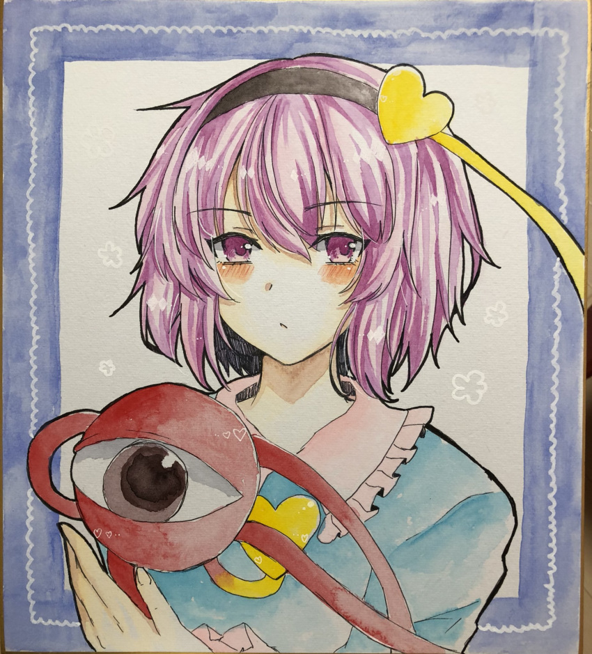 1girl blue_dress blush closed_mouth collared_dress commentary_request dress eyebrows_visible_through_hair fingernails hair_between_eyes hairband heart highres komeiji_satori looking_at_viewer photo purple_eyes purple_hair solo tanaji third_eye touhou traditional_media