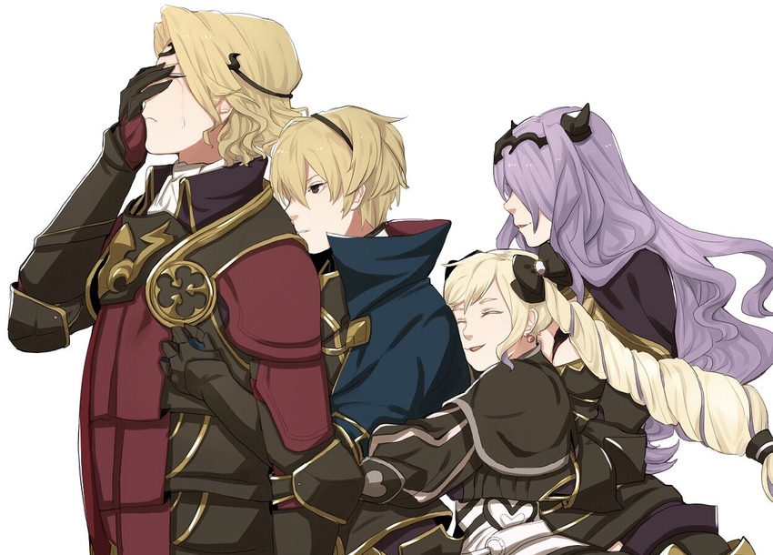 2girls armor bad_id bad_pixiv_id black_armor blonde_hair camilla_(fire_emblem_if) closed_eyes elise_(fire_emblem_if) fire_emblem fire_emblem_if hair_ribbon hairband hug hug_from_behind leon_(fire_emblem_if) long_hair marks_(fire_emblem_if) multiple_boys multiple_girls purple_hair ribbon siblings tears umemaru_(oume_maru)