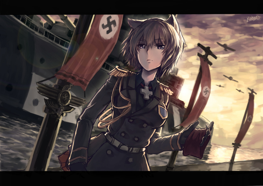 absurdres aiguillette aircraft airplane animal_ears battleship bismarck bismarck_(zhan_jian_shao_nyu) black_gloves blue_eyes brown_hair cat_ears double-breasted epaulettes gloves highres iron_cross long_sleeves military military_uniform military_vehicle nazi rain_(icetuofei) ship short_hair sky solo sunset swastika turret uniform upper_body vehicle_request warship water watercraft world_war_ii zhan_jian_shao_nyu