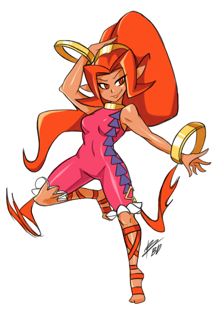 bad_id bad_tumblr_id bangle barefoot big_hair bigdead93 bodysuit bracelet breasts dancing din full_body highres jewelry long_hair neck_ring orange_eyes orange_hair pink_bodysuit pointy_ears ribbon simple_background small_breasts solo the_legend_of_zelda the_legend_of_zelda:_oracle_of_ages the_legend_of_zelda:_oracle_of_seasons very_long_hair