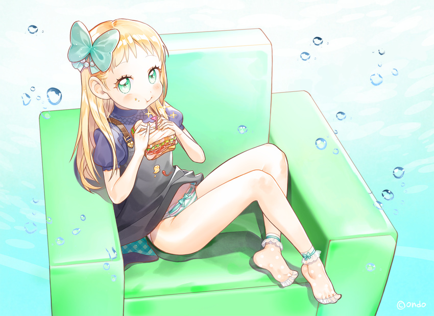 blonde_hair blush bow bubble couch dress eating feet food green_eyes hair_bow highres legs long_hair ondo_(shinm02) original panties puffy_sleeves sandwich see-through short_sleeves sitting socks soles solo sparkle spread_toes striped striped_panties underwear