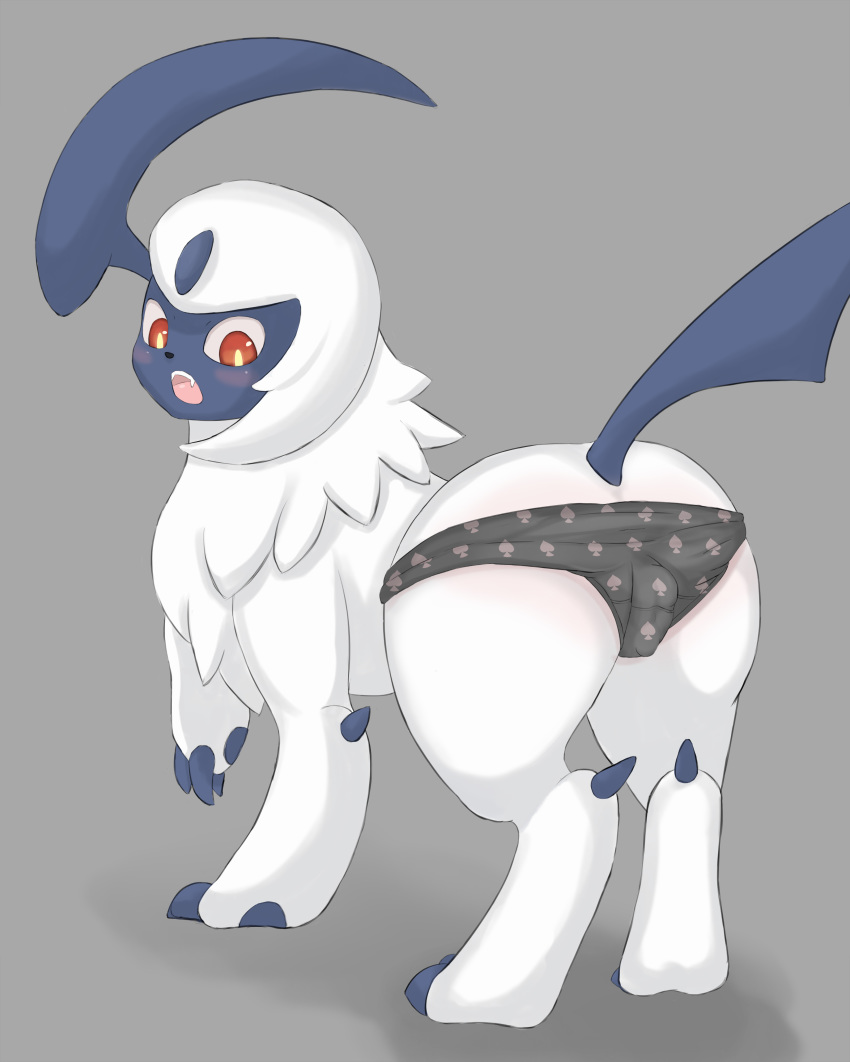 absol all_fours animal_genitalia animal_pussy black_nose blue_claws blue_pawpads blush butt camel_toe canine_pussy claws clothing cute_fangs everstone_(artist) female feral fur looking_back nintendo one_leg_up open_mouth panties pawpads pok&eacute;mon pok&eacute;mon_(species) pussy raised_tail rear_view red_eyes solo tongue underwear video_games white_fur