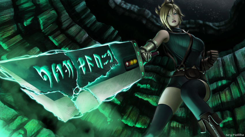 artist_name belt blonde_hair blue_eyes boots breasts clenched_hand cloud_strife cloud_strife_(cosplay) cosplay final_fantasy final_fantasy_vii folded_ponytail gloves highres huge_weapon iury_padilha large_breasts league_of_legends ribbed_shirt riven_(league_of_legends) shirt short_hair solo suspenders sword thighhighs weapon