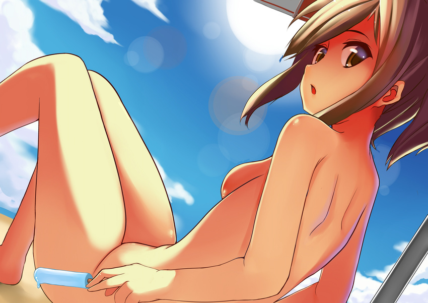 breasts brown_eyes brown_hair convenient_censoring food highres i-401_(kantai_collection) kantai_collection lens_flare looking_back md5_mismatch nude onikiri popsicle short_hair sideboob small_breasts solo sun tan