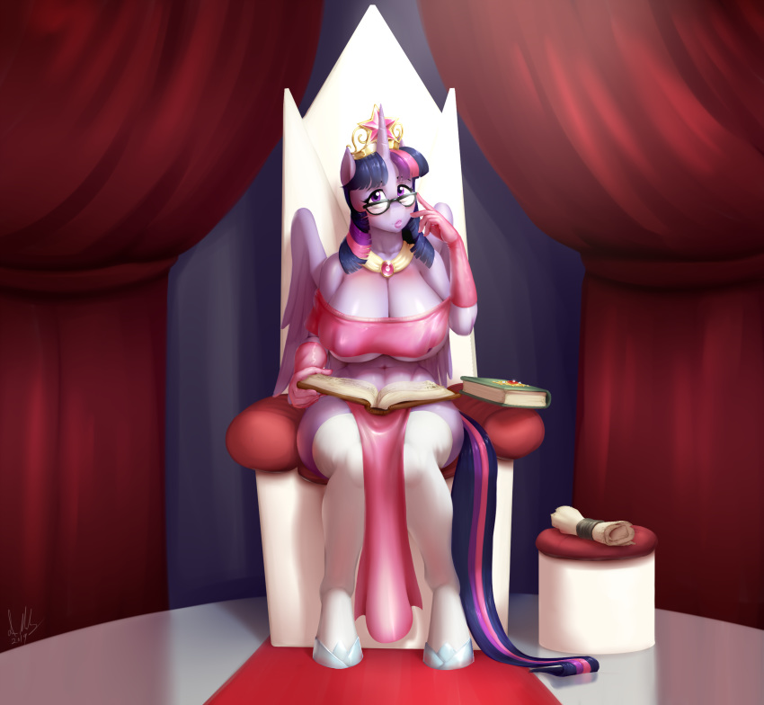 2019 anthro anthrofied areola book breasts chair cleavage clothed clothing crown equine eyewear female friendship_is_magic glasses gloves horn jewelry lipstick makeup mammal marauder6272 my_little_pony necklace pink_lipstick scroll sitting solo throne tiara twilight_sparkle_(mlp) winged_unicorn wings