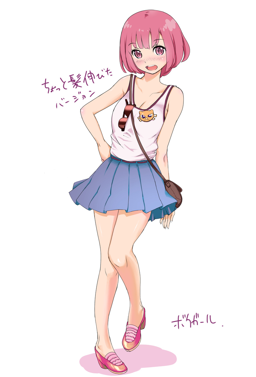 absurdres alternate_hairstyle blush boku_girl casual eyelashes full_body genderswap genderswap_(mtf) happy high_heels highres looking_at_viewer mole open_mouth pink_eyes pink_hair saromarin shirt shoes short_hair simple_background skirt smile solo spoilers standing sunglasses suzushiro_mizuki translated white_background