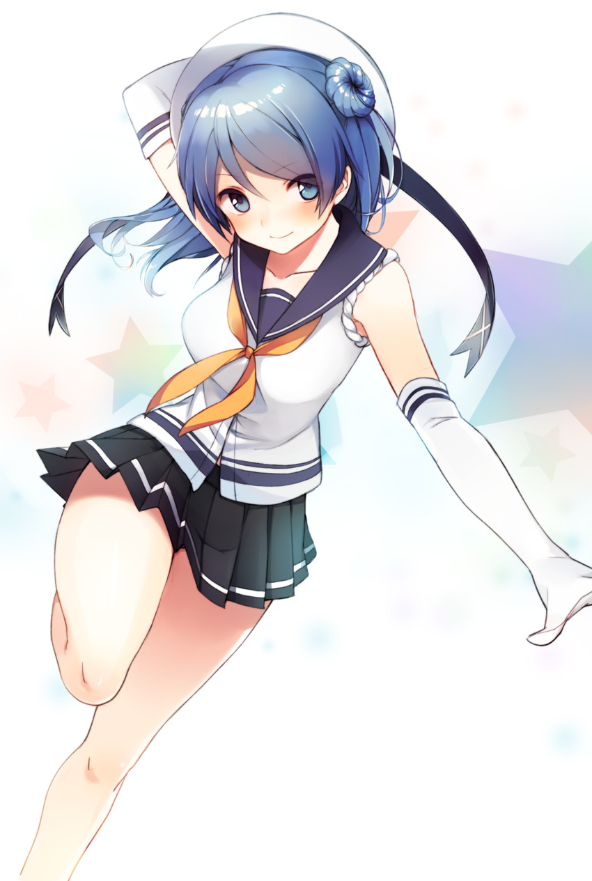 arm_behind_head bad_id bad_pixiv_id bangs beret blue_eyes blue_hair breasts collarbone commentary_request cowboy_shot double_bun dutch_angle elbow_gloves eyebrows_visible_through_hair gloves hair_between_eyes hat hat_ribbon highres kantai_collection long_hair looking_at_viewer medium_breasts medium_hair neckerchief pleated_skirt ribbon sailor_hat school_uniform serafuku shiorinda simple_background skirt sleeves_rolled_up smile solo standing standing_on_one_leg star urakaze_(kantai_collection) white_background white_gloves white_hat white_legwear yellow_neckwear