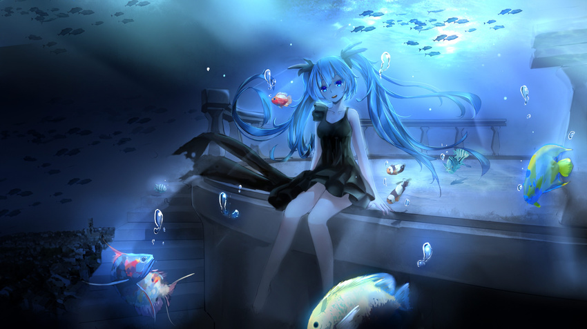 absurdres bad_id bad_pixiv_id black_dress blue_eyes blue_hair bubble collarbone dress fish hatsune_miku highres long_hair magicians_(zhkahogigzkh) open_mouth shinkai_shoujo_(vocaloid) sitting solo twintails underwater very_long_hair vocaloid