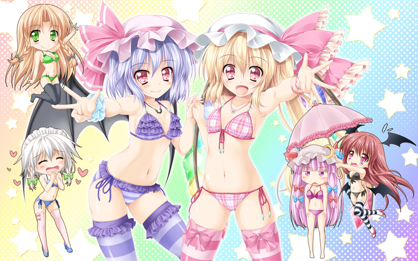 armpits bat_wings bikini black_bikini black_legwear blonde_hair blue_bikini blue_hair bow braid breasts closed_eyes demon_girl demon_wings fang fang_out flandre_scarlet frilled_bikini frills green_bikini hair_ribbon hat hat_ribbon head_wings heart highres hong_meiling izayoi_sakuya kamiya_tomoe koakuma lipstick long_hair maid_headdress makeup mob_cap multiple_girls navel open_mouth patchouli_knowledge pink_bikini pink_legwear purple_bikini purple_eyes purple_hair red_eyes red_hair remilia_scarlet ribbon siblings side-tie_bikini silver_hair sisters skindentation small_breasts smile star striped striped_legwear swimsuit thighhighs touhou tress_ribbon twin_braids very_long_hair wings