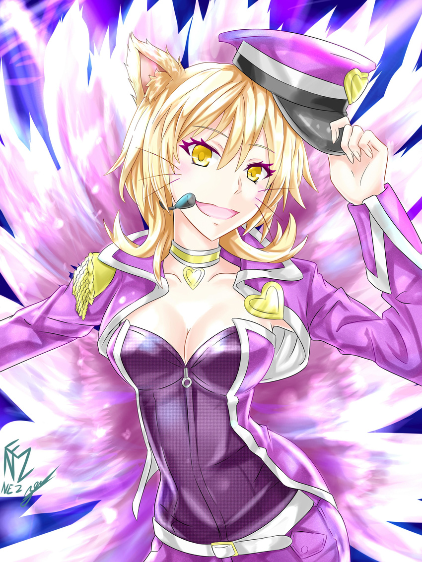 :d absurdres ahri alternate_costume alternate_hairstyle animal_ears bangs belt blonde_hair blush breasts choker cleavage colored_eyelashes epaulettes fingernails flipped_hair fox_ears fox_tail hair_between_eyes happy hat hat_removed headset headwear_removed heart highres holding idol jacket league_of_legends long_fingernails long_sleeves looking_at_viewer medium_breasts multiple_tails nez-kun one_eye_closed open_clothes open_jacket open_mouth peaked_cap popstar_ahri purple_jacket short_hair shorts signature smile solo tail upper_body whiskers zipper