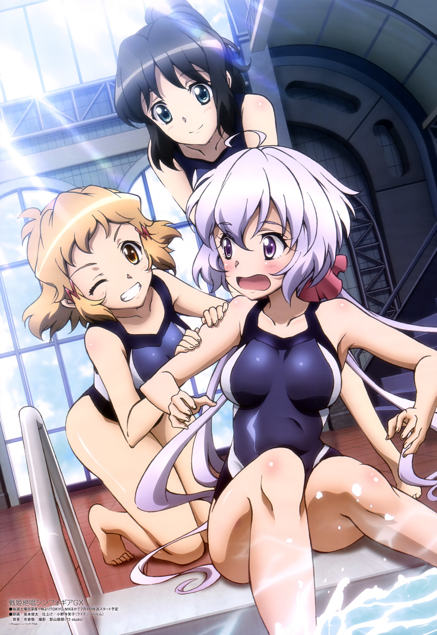 absurdres barefoot black_hair blue_eyes blush competition_swimsuit grin highres kohinata_miku long_hair lydian_academy_swimsuit multiple_girls non-web_source official_art one-piece_swimsuit one_eye_closed open_mouth pool_ladder poolside purple_eyes sakamoto_shunta school_swimsuit senki_zesshou_symphogear short_hair silver_hair smile swimsuit tachibana_hibiki_(symphogear) teeth twintails wavy_mouth yukine_chris