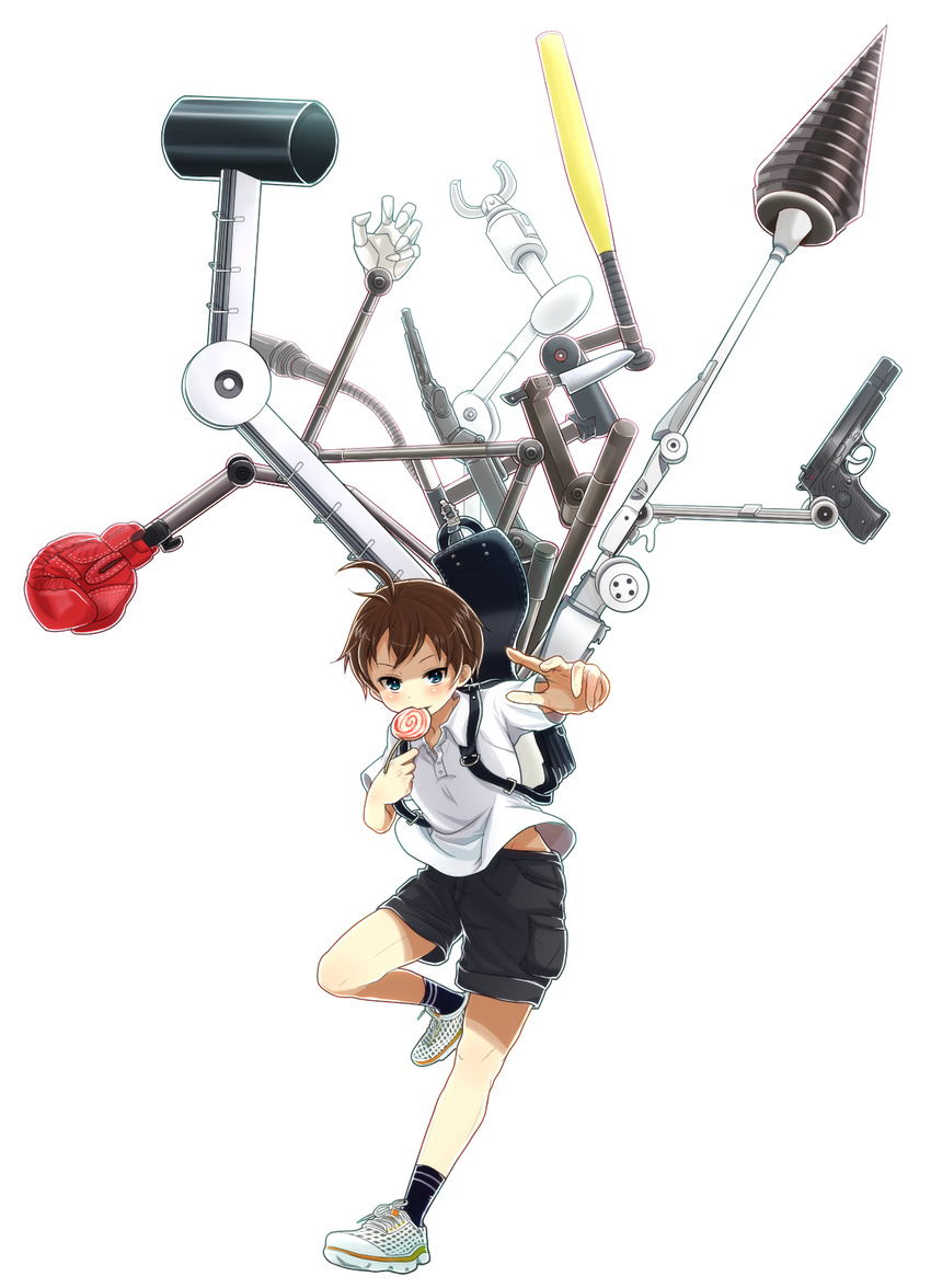 ahoge backpack bad_id bad_pixiv_id bag baseball_bat black_hair black_legwear blue_eyes boxing_gloves candy doutei_(one-punch_man) drill food full_body gun hammer handgun highres huge_ahoge lollipop male_focus mechanical_hand one-punch_man pistol polo_shirt randoseru shoes shorts sneakers socks solo weapon