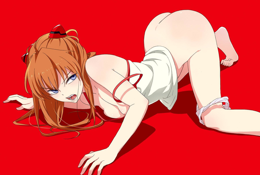 all_fours ass barefoot blue_eyes breast_press breasts highres jpeg_artifacts long_hair mebae neon_genesis_evangelion open_mouth orange_hair panties panties_around_one_leg red red_background saliva saliva_trail simple_background small_breasts solo souryuu_asuka_langley strap_slip tank_top top-down_bottom-up underwear white_panties