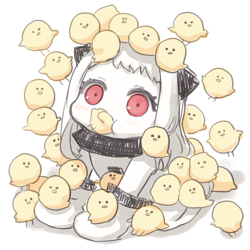 animal animal_on_head bad_id bad_pixiv_id bird chick dress eating gloves highres horns kantai_collection long_hair mittens northern_ocean_hime on_head red_eyes sawatari_(sado) shinkaisei-kan silver_hair simple_background solo too_many too_many_chicks white_background white_dress white_gloves white_hair
