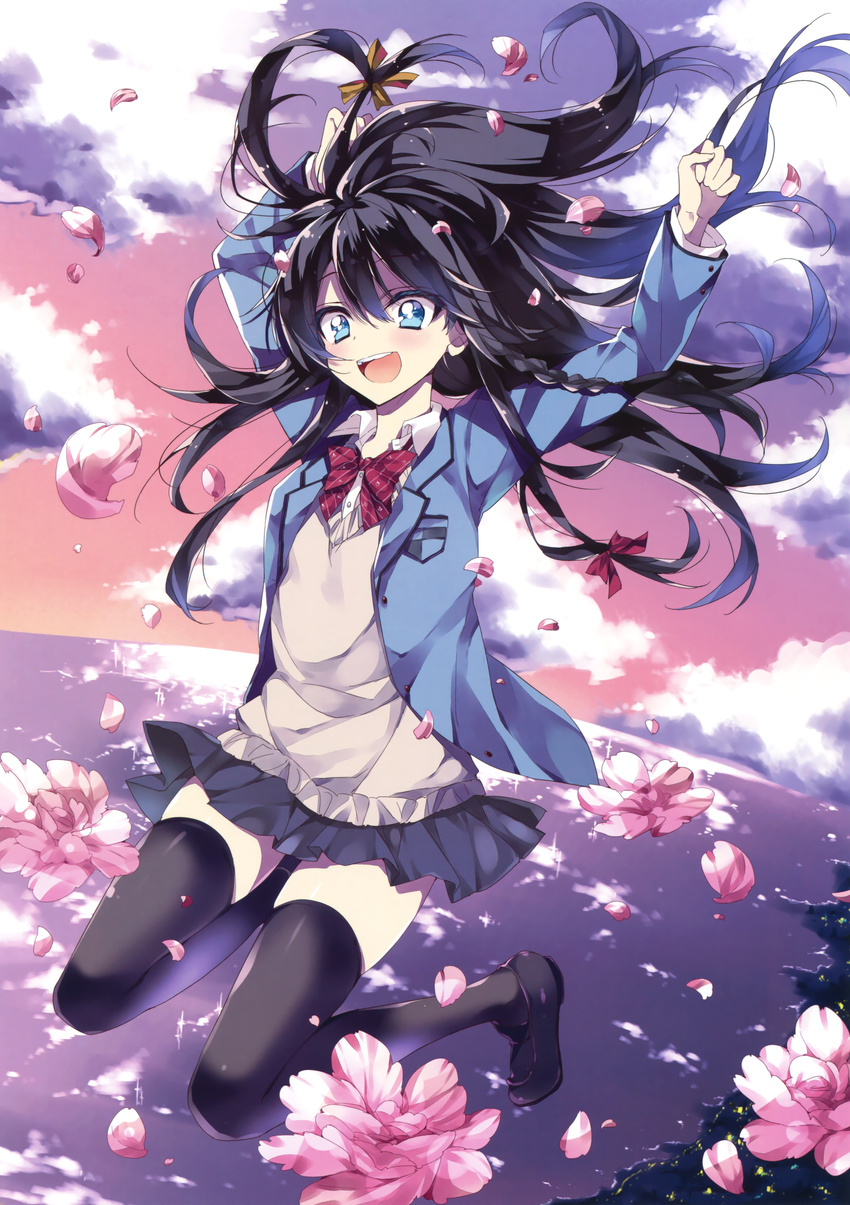 :d absurdres anapom arms_up black_hair black_legwear blue_eyes braid flower hair_ribbon highres loafers long_hair miniskirt open_mouth original ribbon shoes skirt smile solo teeth thighhighs zettai_ryouiki