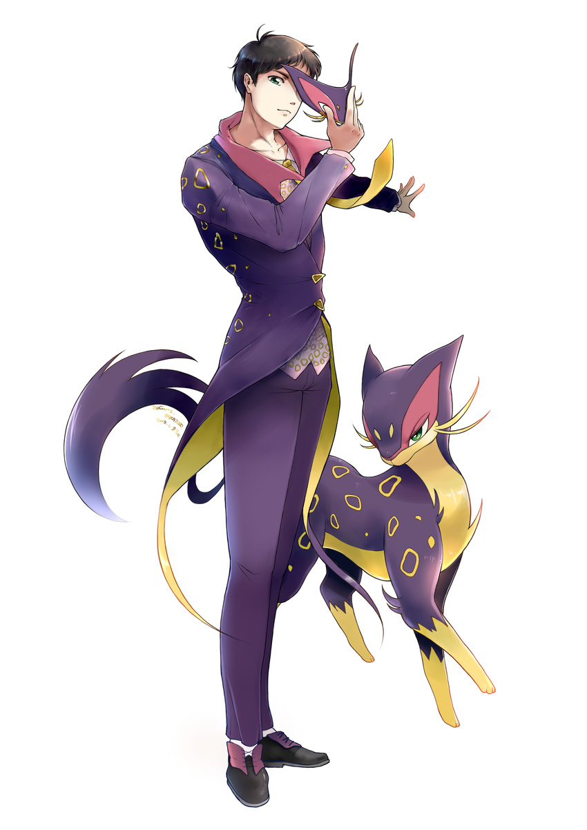 absurdres artist_name black_footwear dated formal full_body gen_5_pokemon green_eyes highres kitaro2000 liepard male_focus mask mask_removed moemon necktie outstretched_arm personification pokemon pokemon_(creature) purple_legwear purple_suit shoes suit white_background yellow_neckwear