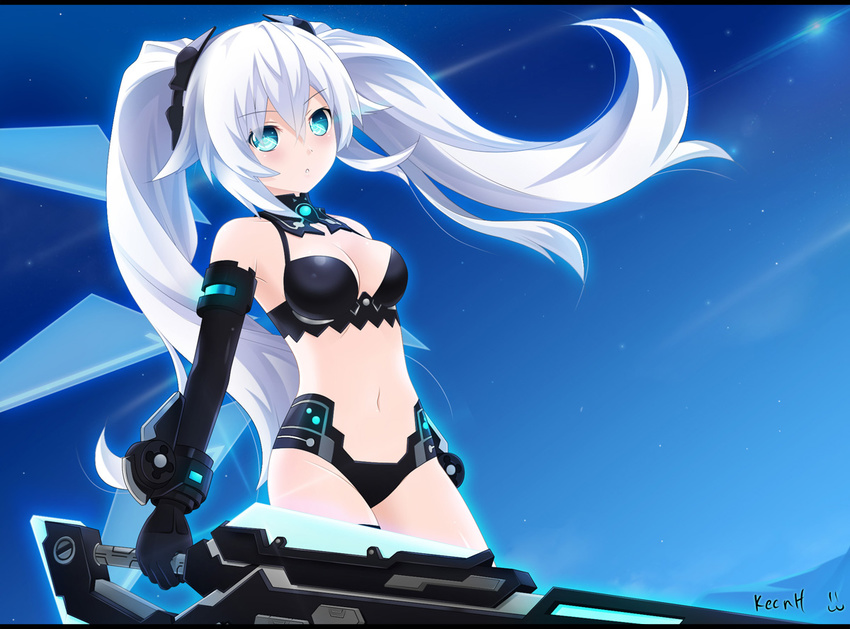 :o black_heart blue_eyes elbow_gloves gloves glowing glowing_eyes keenh long_hair navel neptune_(series) shiny shiny_skin sky solo sword twintails weapon white_hair