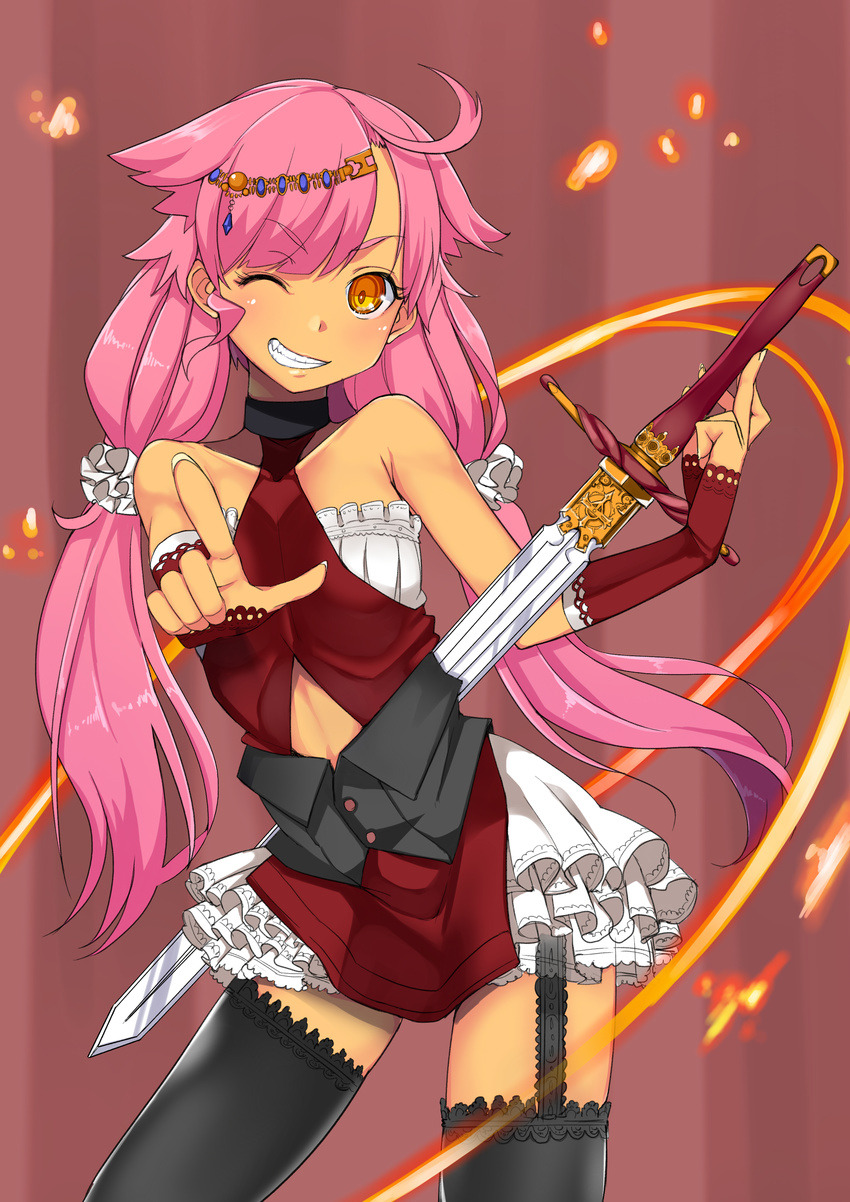 absurdres ahoge baicha bare_shoulders black_legwear dark_skin dress garter_straps gauntlets grin hair_ornament highres layered_dress long_hair one_eye_closed original pink_hair red_dress scrunchie sleeveless sleeveless_dress smile solo sword tan thighhighs twintails very_long_hair weapon white_dress yellow_eyes