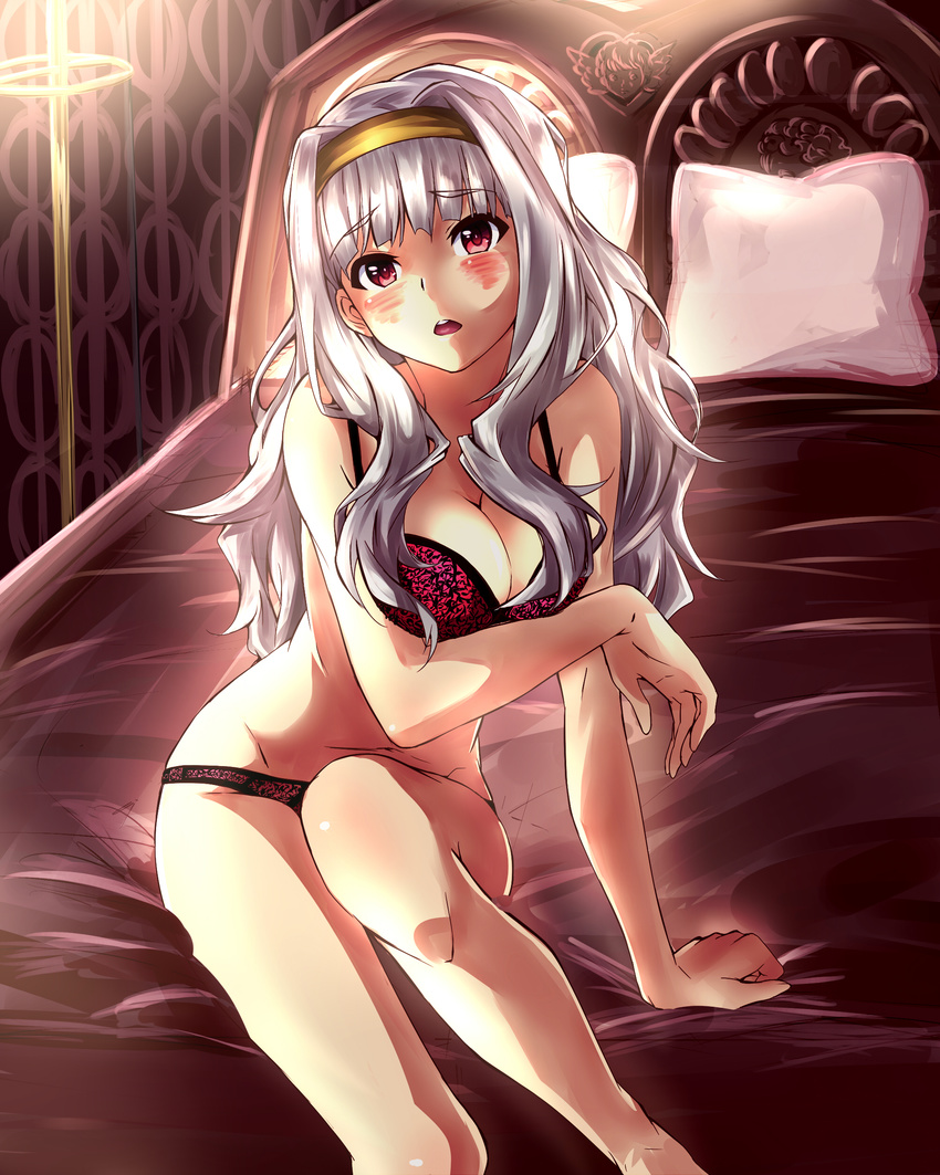 absurdres bed blush bra breasts cleavage hairband highres hisa_tsuki idolmaster idolmaster_(classic) large_breasts lingerie long_hair looking_at_viewer open_mouth panties red_eyes shijou_takane silver_hair solo underwear underwear_only