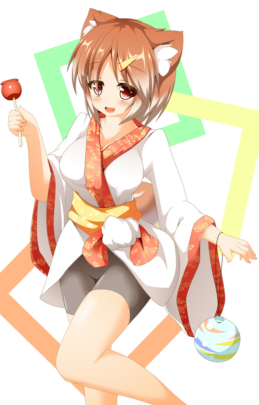 absurdres animal_ears bad_id bad_pixiv_id bag bike_shorts breasts brown_hair candy_apple cleavage dog_ears dog_tail floral_print food hair_ornament hairclip hajime_(ak-r) highres japanese_clothes kimono large_breasts long_sleeves maki-chan open_mouth original personification red_eyes shiba_inu short_hair smile solo tail tareme teeth wide_sleeves yukata