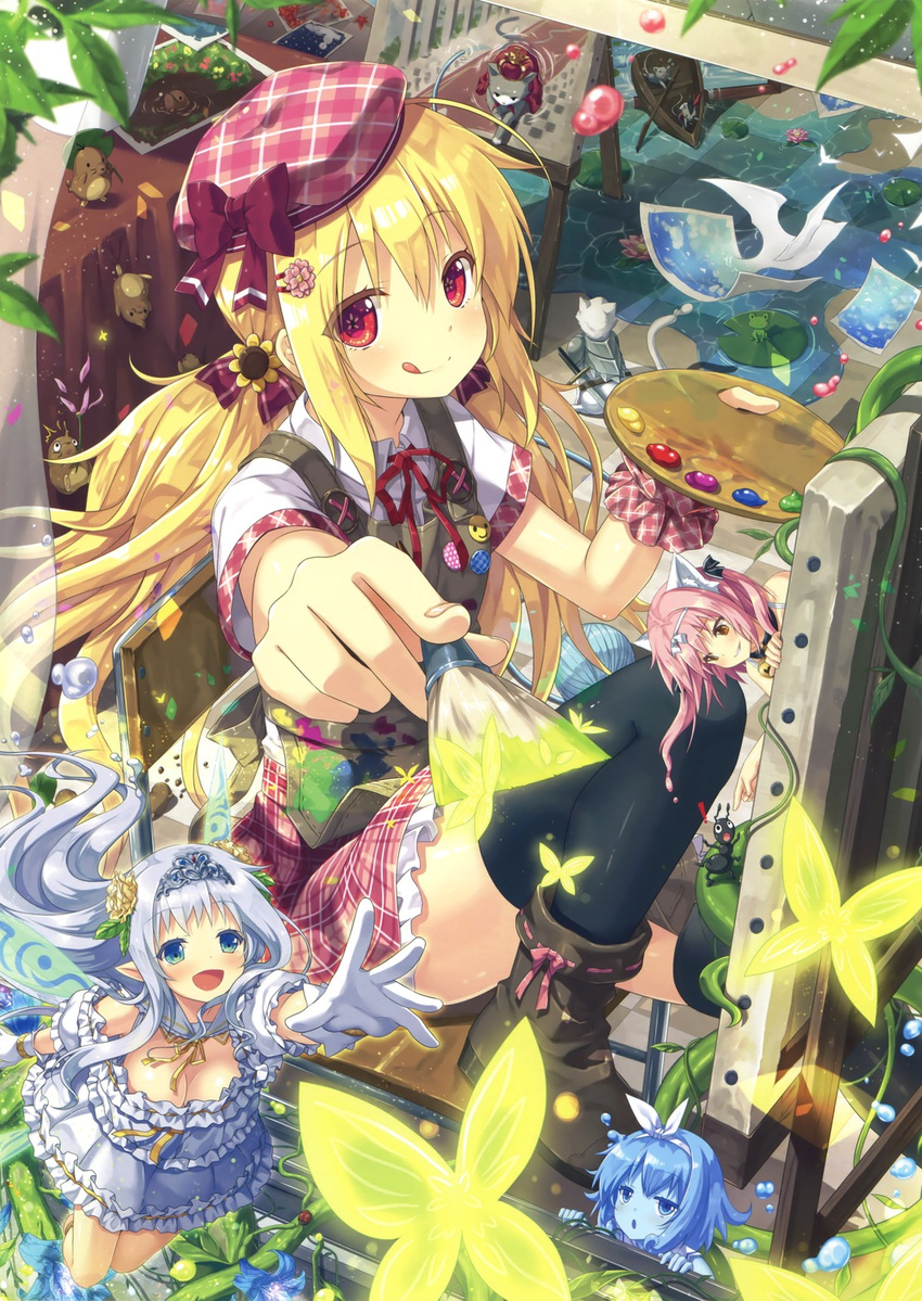 animal bells blonde_hair blue_eyes blue_hair blush boots butterfly cloak dress fairy flower gloves group hairband hairpins happy hat long_hair mitsuki mitsuki_(eushully) pink_hair pointy_ears red_eyes ribbon royal royalty short_hair skirt smile thighhighs tongue twintails water wings