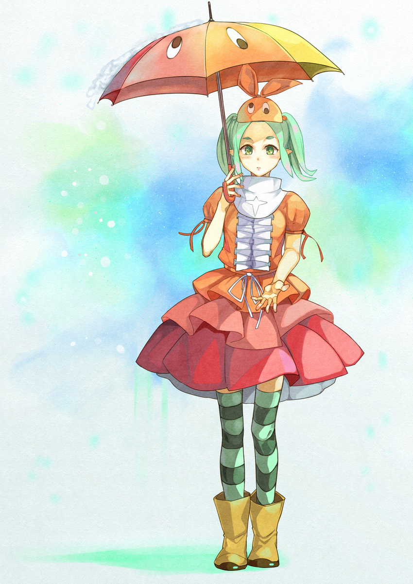 absurdres alternate_legwear ankle_boots aqua_hair bad_id bad_pixiv_id boots dress green_eyes hat highres kanmiya_shinobu long_hair monogatari_(series) ononoki_yotsugi parted_lips pointy_ears rubber_boots solo striped striped_legwear thighhighs twintails umbrella water yellow_footwear