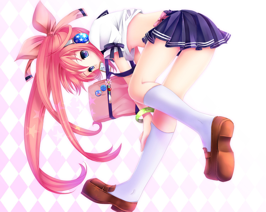 argyle argyle_background badge bag bent_over blue_eyes bow breasts button_badge hana_(pangya) headphones kneehighs legs long_hair medium_breasts mouth_hold pangya pink_hair ponytail school_bag school_uniform shoes skirt solo tassel underboob yuuki_kira