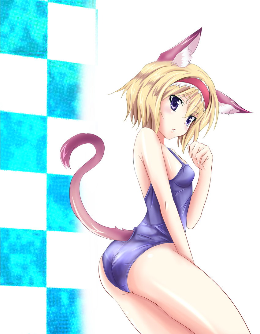 alice_margatroid animal_ears blonde_hair cat_ears highres one-piece_swimsuit solo suzaku_(oekaki_no_sekai) swimsuit tail touhou