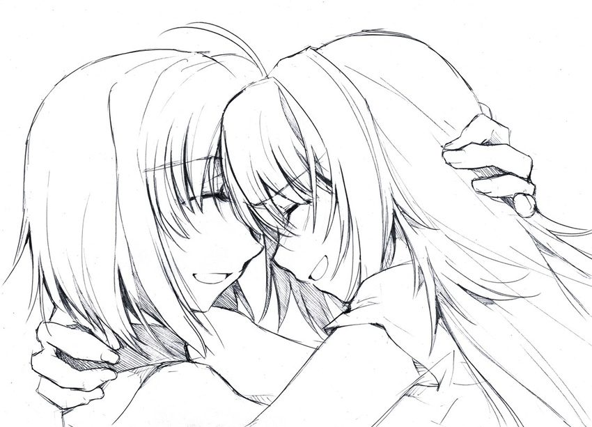 428 ahoge bare_shoulders canaan canaan_(character) closed_eyes greyscale hug kapiko long_hair monochrome multiple_girls oosawa_maria open_mouth short_hair sketch smile yuri