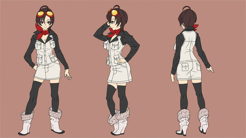 ahoge ascot boots brown_eyes brown_hair character_sheet full_body goggles goggles_on_head hirabaru_kenji kneepits meiko multiple_views short_hair simple_background skirt smile standing thighhighs turnaround vocaloid zettai_ryouiki