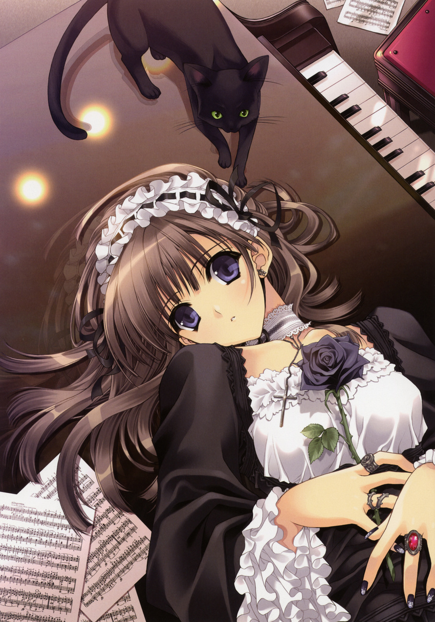 absurdres bass_clef beamed_eighth_notes black_nails brown_hair cat choker copyright_request dotted_half_note fingernails flat_sign flower frills gathers gothic_lolita grand_piano half_note headdress highres instrument jewelry lace light_particles lolita_fashion long_hair musical_note nail_art nail_polish natural_sign piano quarter_note quarter_rest ring rose scan sheet_music solo staccato suzuhira_hiro time_signature treble_clef