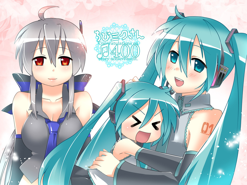 &gt;_&lt; :d ahoge aqua_eyes aqua_hair blush breasts caffein chibi_miku cleavage closed_eyes detached_sleeves hatsune_miku headset hug long_hair medium_breasts multiple_girls necktie open_mouth red_eyes silver_hair small_breasts smile sparkle twintails very_long_hair vocaloid voyakiloid xd yowane_haku