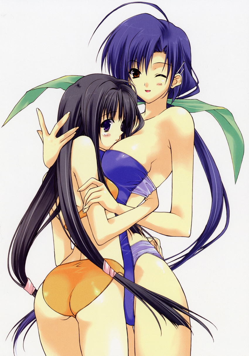 ;d absurdres ahoge arm_grab ass back bare_shoulders bikini black_hair blue_hair blush breast_smother breasts casual_one-piece_swimsuit earrings embarrassed flat_chest from_behind hair_ornament hair_ribbon hairclip highres hug jewelry kimishima_nana kinoshita_takako large_breasts long_hair looking_back multiple_girls one-piece_swimsuit one_eye_closed open_mouth orange_eyes pia_carrot_(series) pia_carrot_e_youkoso!!_3 ponytail print_swimsuit purple_eyes ribbon scan scrunchie simple_background smile suzuhira_hiro swimsuit thigh_gap twintails very_long_hair yuri