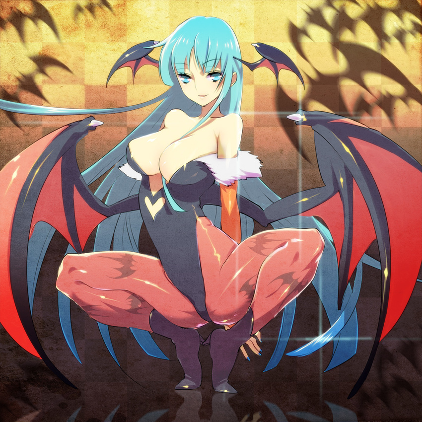 animal_print bare_shoulders bat_print bat_wings breasts cleavage demon_girl elbow_gloves gloves green_eyes green_hair head_wings highres large_breasts long_hair mami_(apsaras) morrigan_aensland pantyhose print_legwear ringed_eyes solo succubus vampire_(game) very_long_hair wings