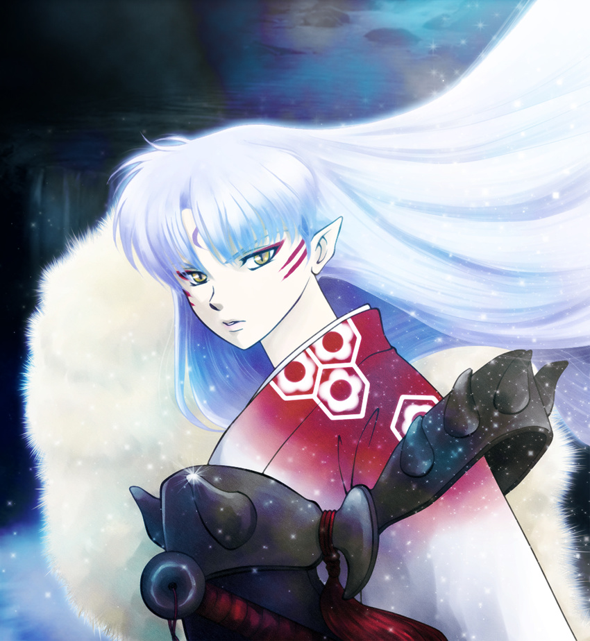 armor crescent fukunoya hexagon highres inuyasha japanese_clothes kimono long_hair male_focus pointy_ears sesshoumaru slit_pupils solo sword weapon white_hair