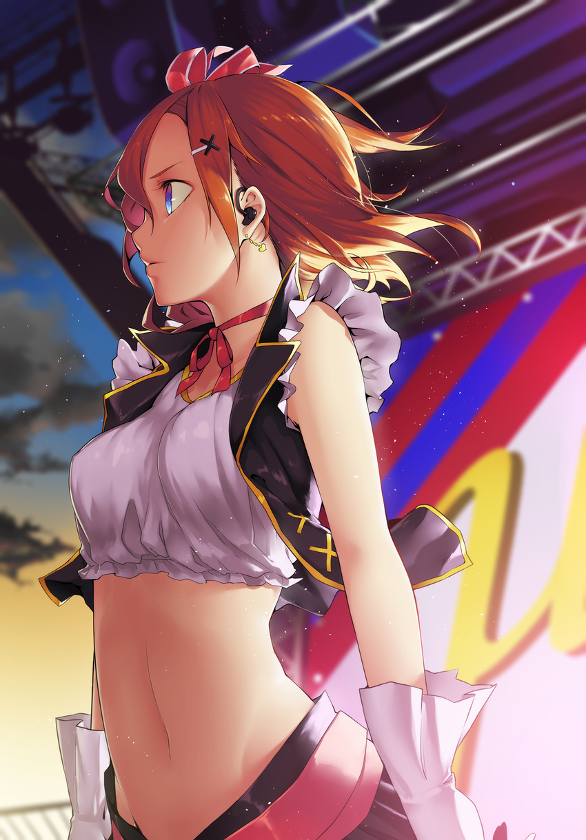 absurdres arms_at_sides black_skirt blue_eyes bow brown_hair crop_top dark_clouds earrings frilled_sleeves frills gloves hair_between_eyes hair_bow hair_ornament hairclip headset heart heart_earrings highres idol jewelry kousaka_honoka looking_to_the_side love_live! love_live!_school_idol_project midriff navel neko7 no_brand_girls open_clothes open_vest pleated_skirt red_ribbon ribbon serious shirt short_hair short_sleeves skirt solo speaker stage standing sunset twilight vest white_gloves white_shirt wind