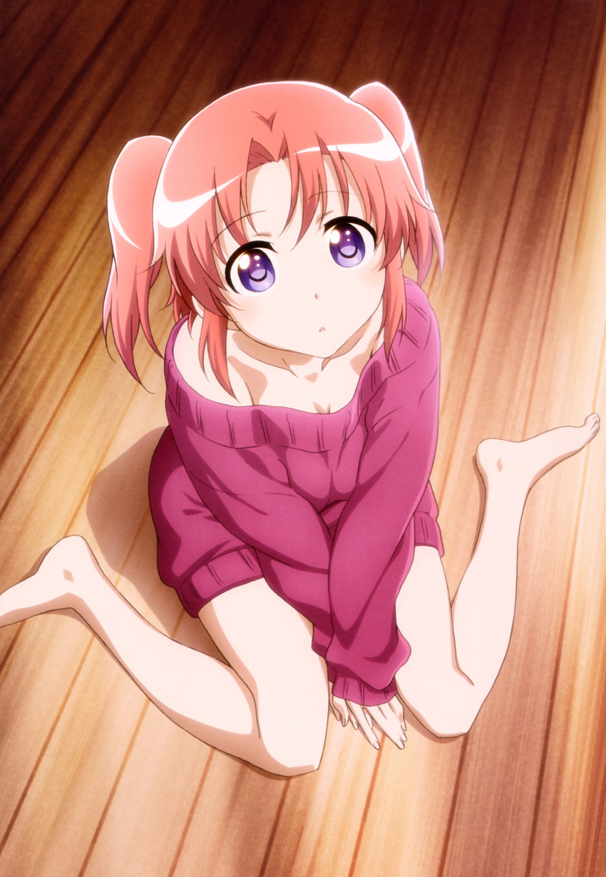 absurdres artist_request bangs bare_legs barefoot between_legs blush breasts cleavage collarbone dress eyebrows_visible_through_hair from_above hand_between_legs highres indoors long_sleeves looking_at_viewer looking_up medium_breasts mikakunin_de_shinkoukei official_art pink_hair purple_eyes short_hair sitting solo sweater sweater_dress two_side_up wariza yonomori_kobeni