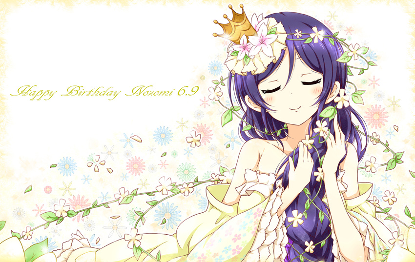 cherry_blossoms commentary crown floral_print flower hair_flower hair_ornament hair_over_shoulder hair_vines happy_birthday japanese_clothes karamoneeze kimono long_hair long_sleeves love_live! love_live!_school_idol_project mini_crown off_shoulder petals purple_hair smile solo toujou_nozomi upper_body very_long_hair wide_sleeves