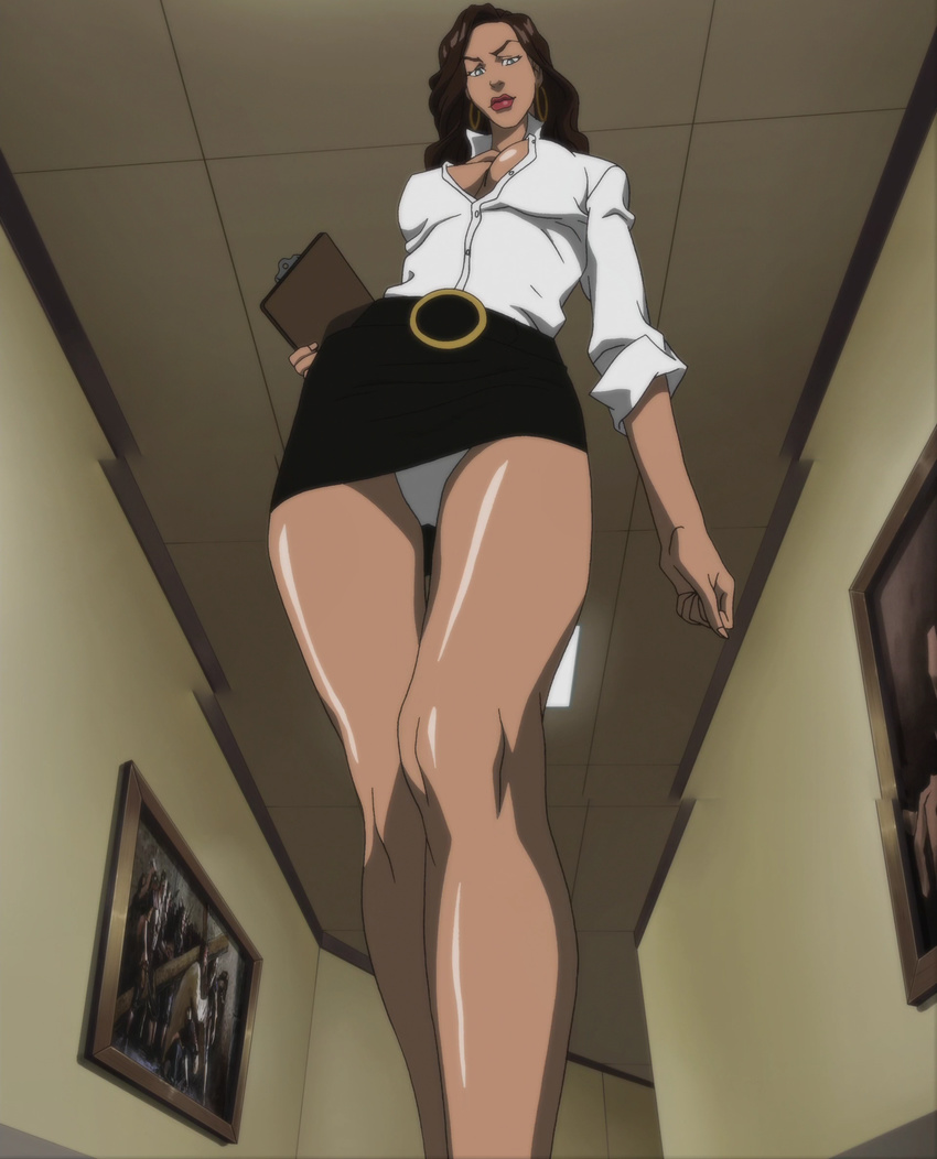 1girl black_skirt boondocks breasts dark_skin female from_below large_breasts long_hair looking_down miniskirt open_shirt panties pantyshot_(standing) pantyshot_(upskirt) shirt skirt solo standing underwear upskirt white_panties